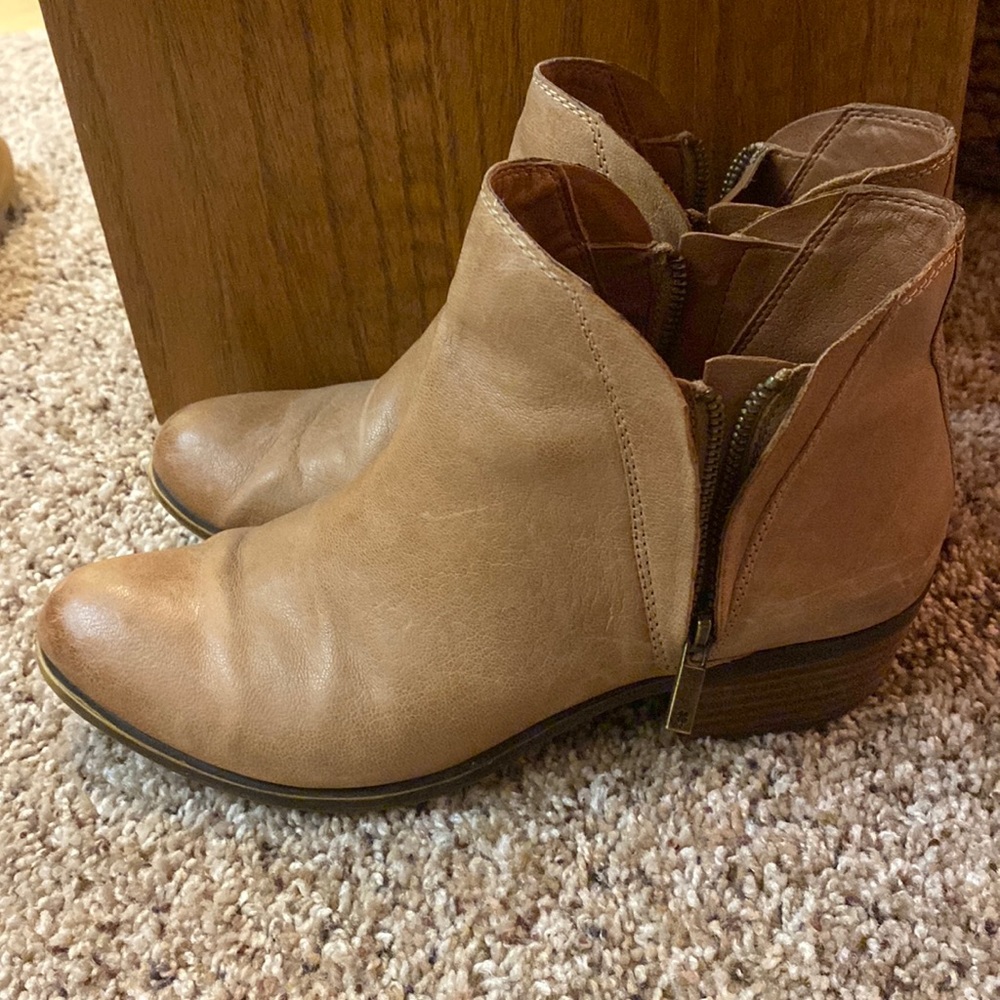 LUCKY BRAND LP BRENON DOUBLE ZIP ANKLE BOOTIES TAN LEATHER SIZE 8.5